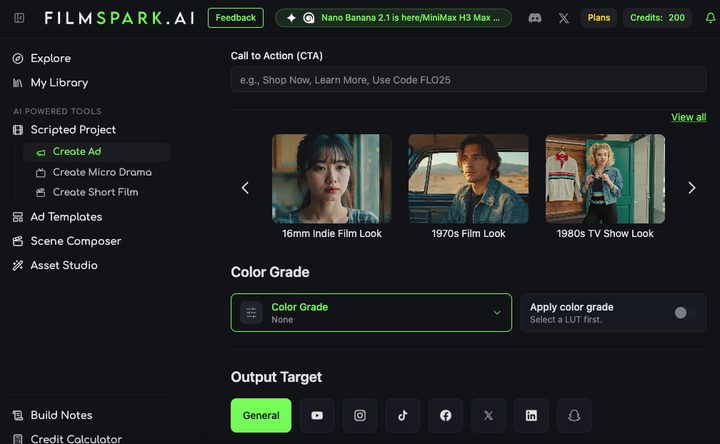 Screenshot of the FilmSpark.AI app's Create Ad screen, with film look presets such as 16mm Indie Film Look, 1970s Film Look and 1980s TV Show Look, a color grade selector, and output targets for YouTube, Instagram, TikTok, Facebook, X, LinkedIn and Snapchat