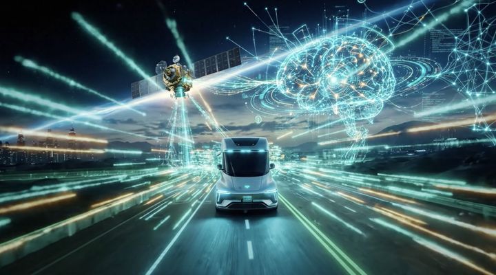 An electric semi truck drives a glowing highway at night beneath a satellite, with a holographic AI brain linking networks of light across the sky