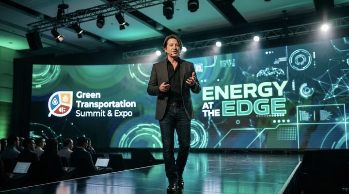 Randall Scott White speaking on stage in front of a large screen showing the Green Transportation Summit & Expo logo and the words Energy at the Edge